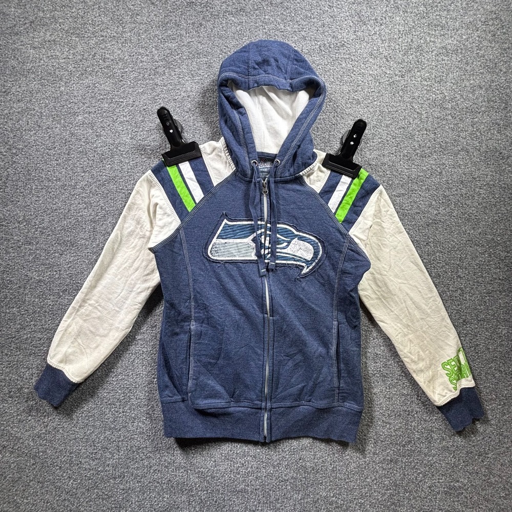 Majestic Seattle Seahawks NFL Hoodie Womens M Blue Cotton Full Zip Fleece Lined